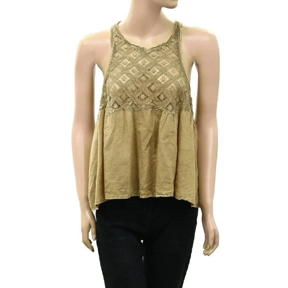 Free People Wandering Light Blouse Top Lace Cutout Tank Green Cotton M 290331